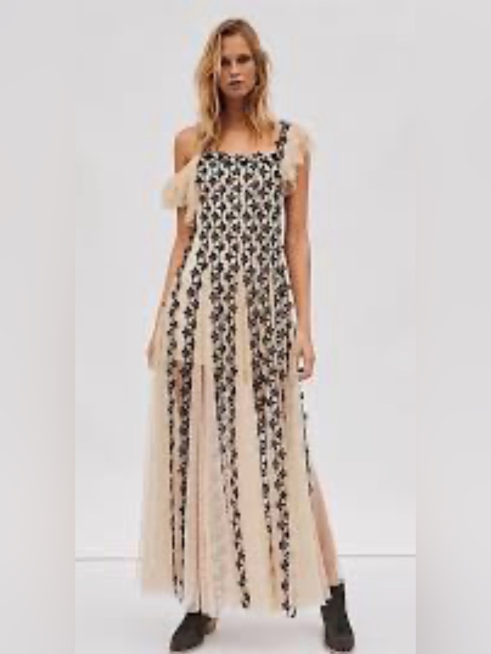 Free People Cream Maxi Dress with Black Floral Embroidery